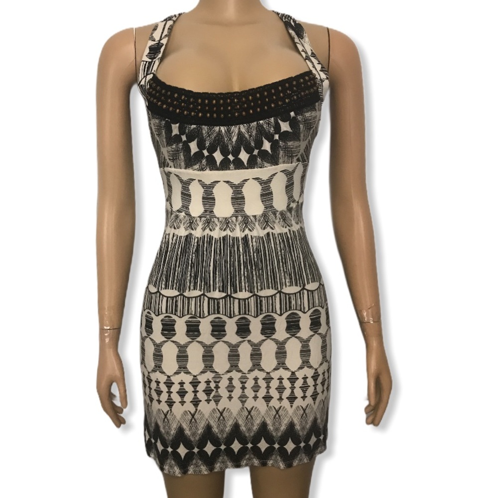 Guess Los Angeles Sun Halter Dress Printed Racer Back Black cream stretch